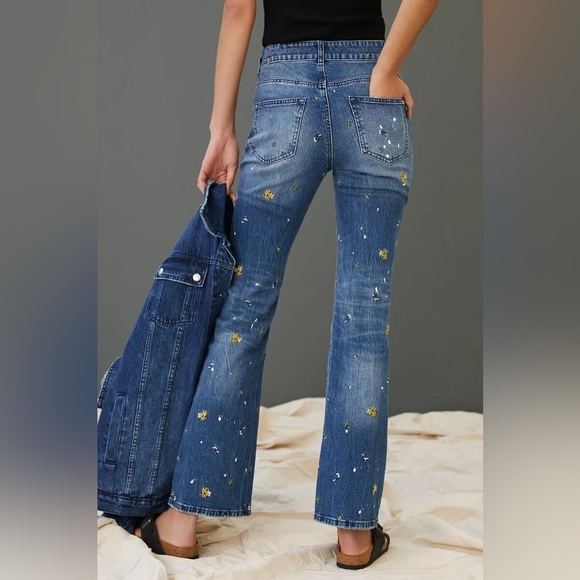 Anthropologie Pilcro The Icon Flare Jeans paint splatter and embroidery Size 27 - Picture 3 of 10